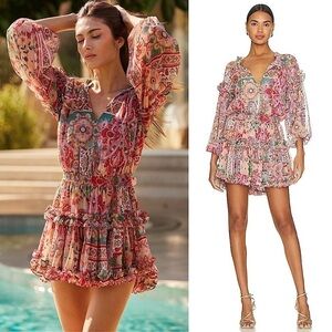 MISA Chiffon Puff Long Sleeve Tassel Tie Neck Smocked Waist Tier Ruffle Dress XS